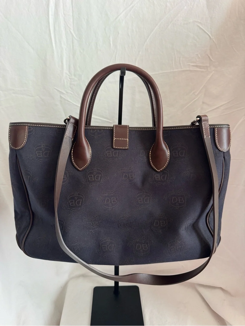 Dooney & Bourke Monogram Canvas Double Handle Tote Bag Navy Blue Brown Leather